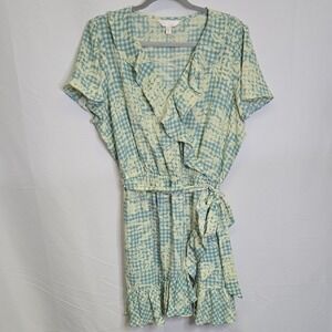 LC Lauren Conrad Ruffle-Neck Flutter-Sleeve Wrap Dress, Gingham Fleurs Aqua, PXL